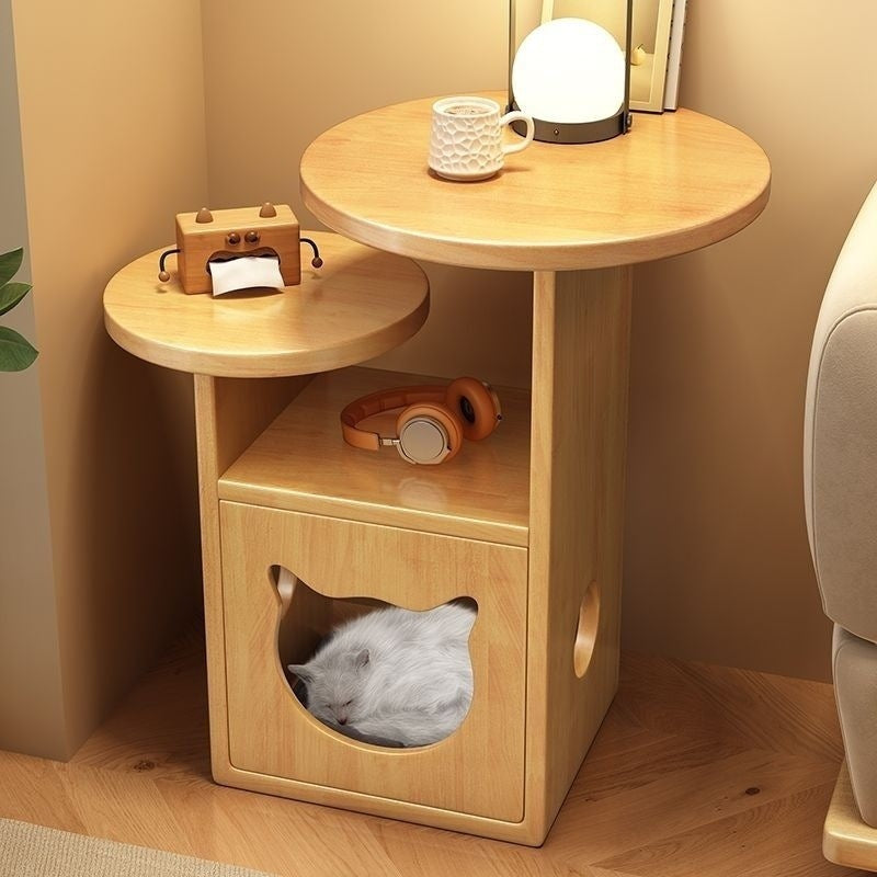 Contemporary Creative Round Cat Beds Pine Wood Nightstand 3-Tier For Bedroom