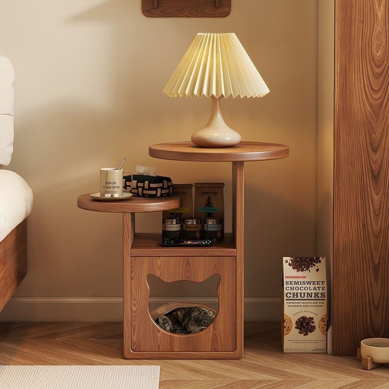 Contemporary Creative Round Cat Beds Pine Wood Nightstand 3-Tier For Bedroom