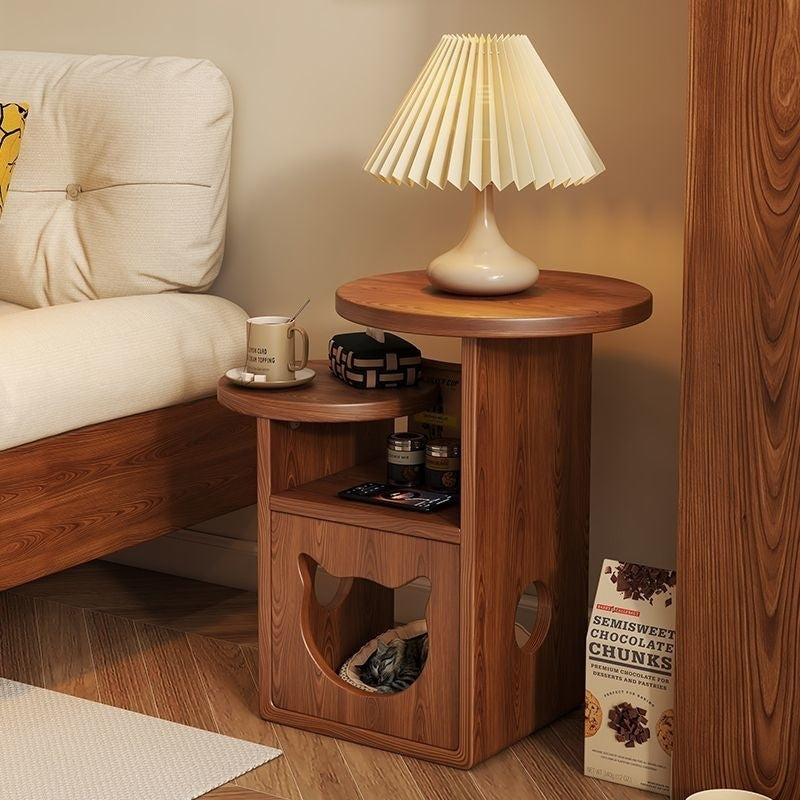 Contemporary Creative Round Cat Beds Pine Wood Nightstand 3-Tier For Bedroom