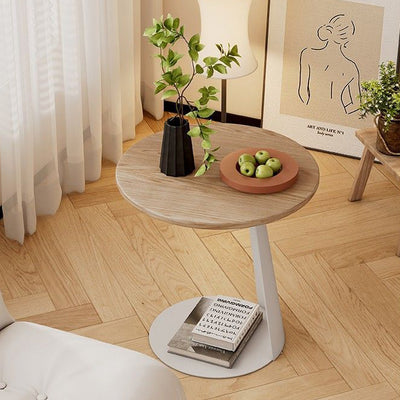 Modern Minimalist Round Ash Wood Iron Side Table 2-Tier For Living Room