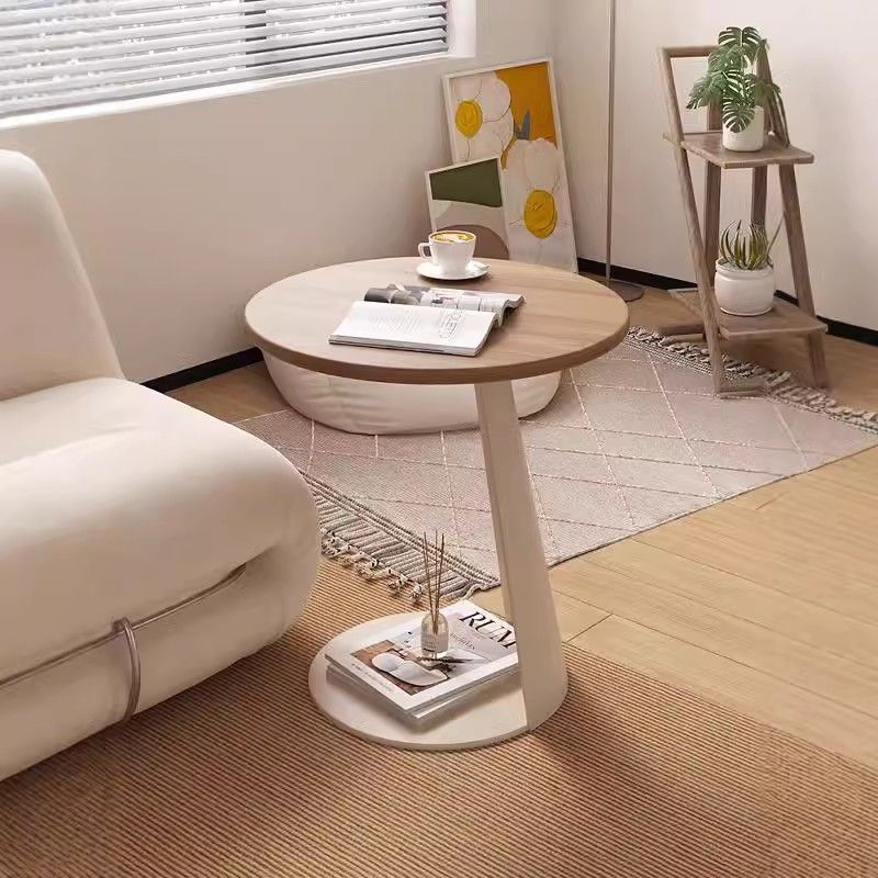 Modern Minimalist Round Ash Wood Iron Side Table 2-Tier For Living Room