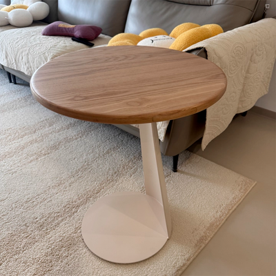 Modern Minimalist Round Ash Wood Iron Side Table 2-Tier For Living Room