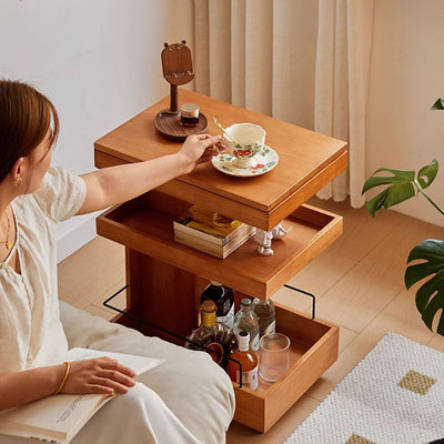 Modern Minimalist Rectangular Rubberwood Movable Side Table 1-Drawer For Living Room