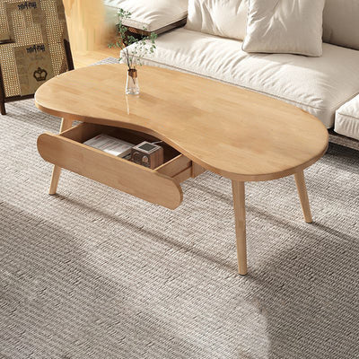 Modern Minimalist Cashew Shaped Rubberwood Coffee Table 1-Drawer For Living Room