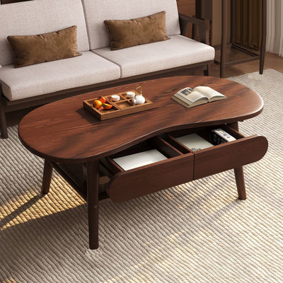 Modern Minimalist Cashew Shaped Rubberwood Coffee Table 2-Drawer For Living Room