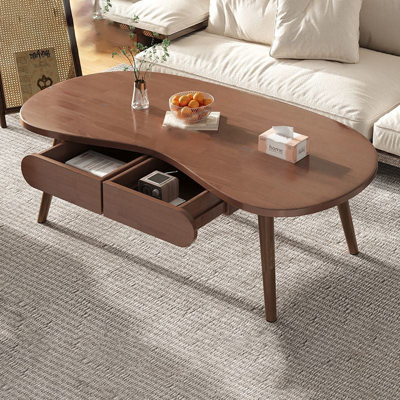 Modern Minimalist Cashew Shaped Rubberwood Coffee Table 2-Drawer For Living Room