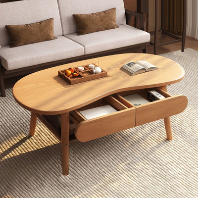 Modern Minimalist Cashew Shaped Rubberwood Coffee Table 2-Drawer For Living Room