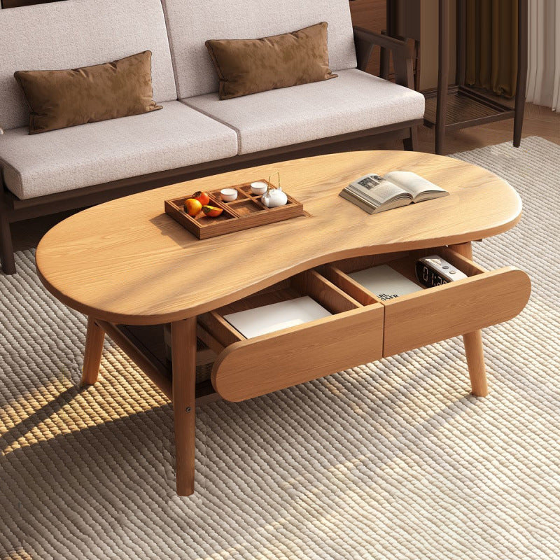 Modern Minimalist Cashew Shaped Rubberwood Coffee Table 2-Drawer For Living Room
