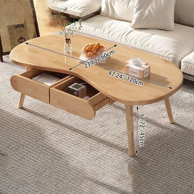 Modern Minimalist Cashew Shaped Rubberwood Coffee Table 2-Drawer For Living Room