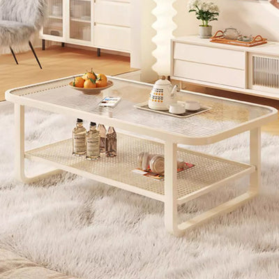 Modern Minimalist Rectangular Glass Metal Coffee Table 2-Tier For Living Room