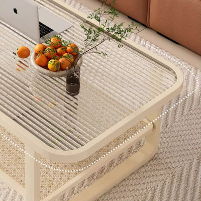 Modern Minimalist Rectangular Glass Metal Coffee Table 2-Tier For Living Room
