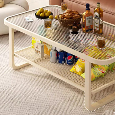 Modern Minimalist Rectangular Glass Metal Coffee Table 2-Tier For Living Room