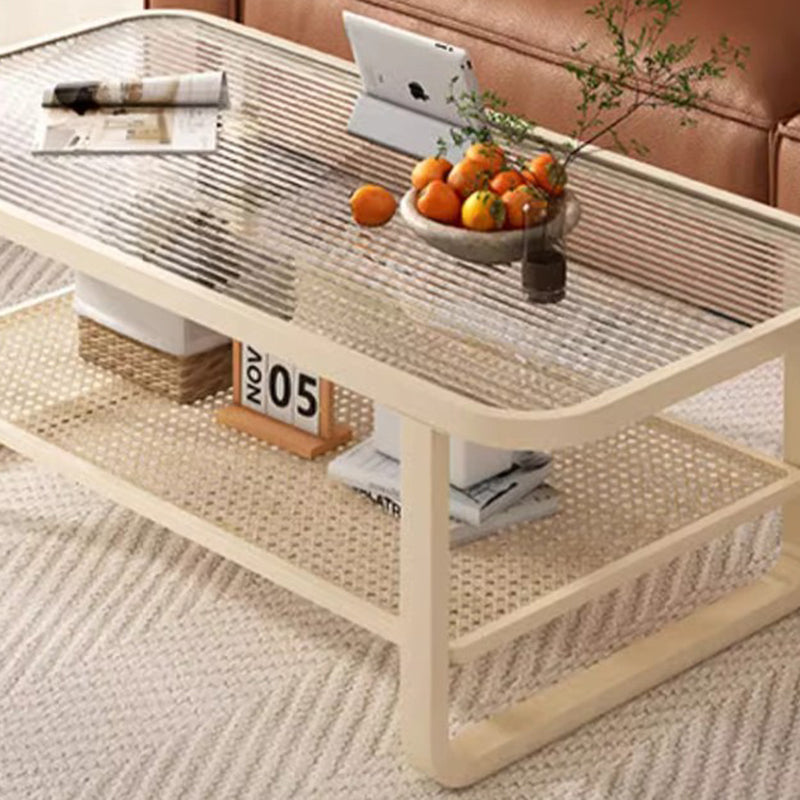 Modern Minimalist Rectangular Glass Metal Coffee Table 2-Tier For Living Room