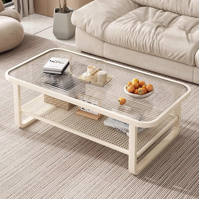 Modern Minimalist Rectangular Glass Metal Coffee Table 2-Tier For Living Room