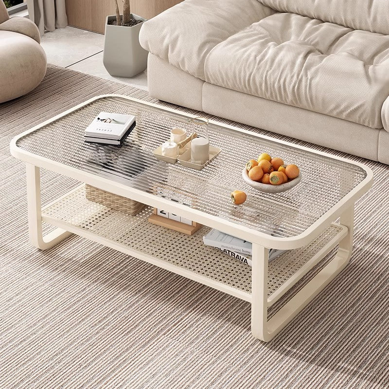 Modern Minimalist Rectangular Glass Metal Coffee Table 2-Tier For Living Room