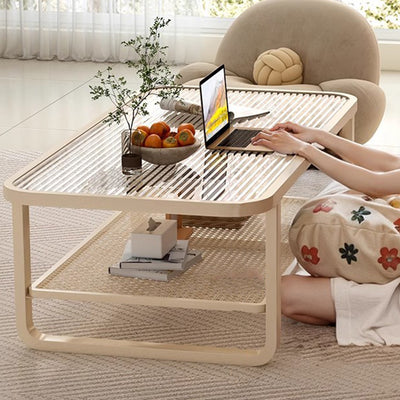 Modern Minimalist Rectangular Glass Metal Coffee Table 2-Tier For Living Room