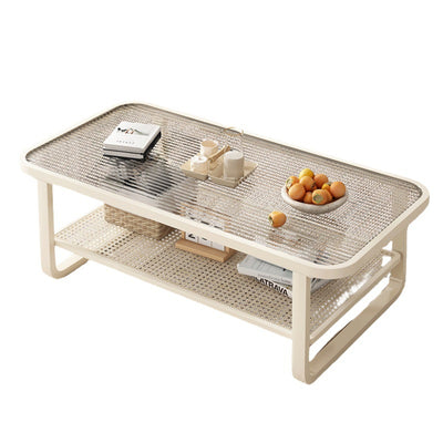 Modern Minimalist Rectangular Glass Metal Coffee Table 2-Tier For Living Room