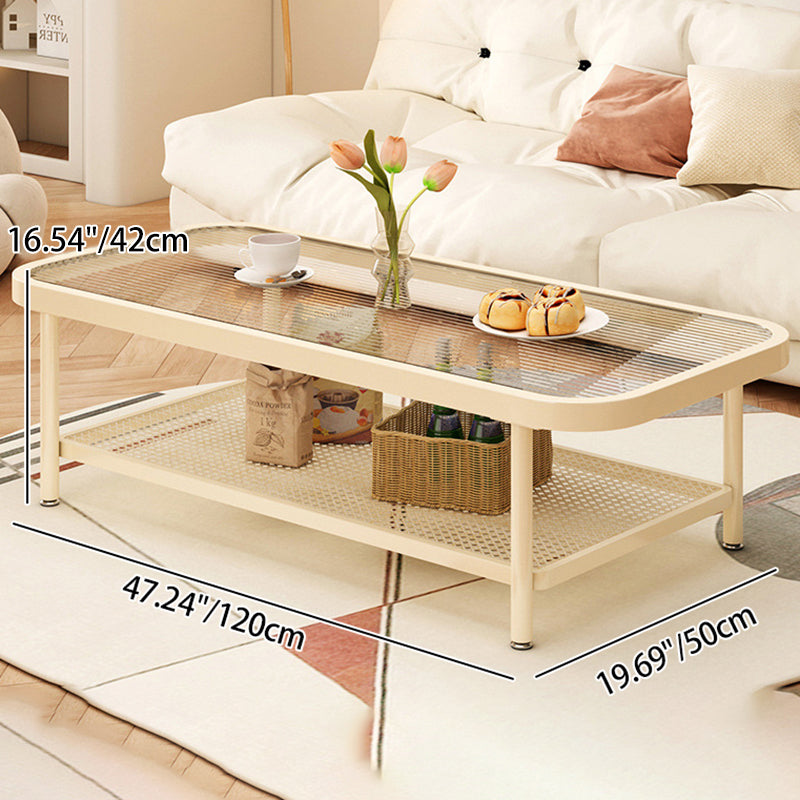 Modern Minimalist Rectangular Glass Metal Coffee Table 2-Tier For Living Room