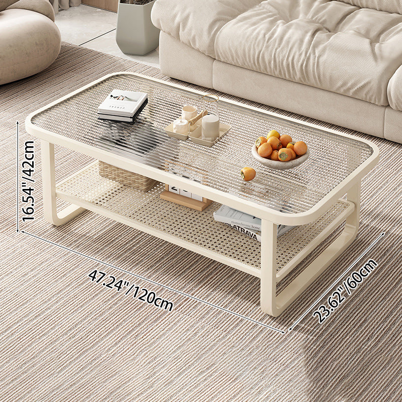 Modern Minimalist Rectangular Glass Metal Coffee Table 2-Tier For Living Room