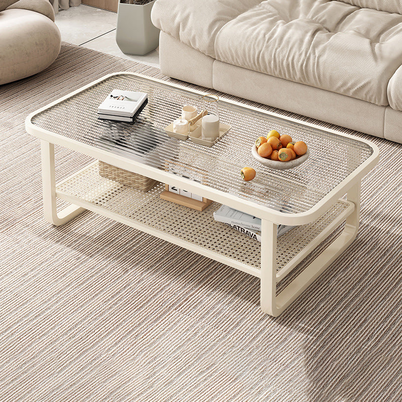 Modern Minimalist Rectangular Glass Metal Coffee Table 2-Tier For Living Room