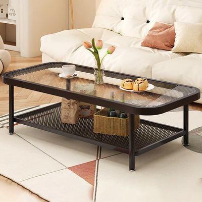 Modern Minimalist Rectangular Glass Metal Coffee Table 2-Tier For Living Room