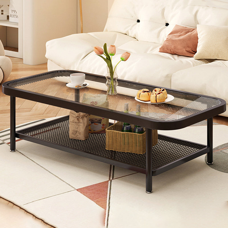 Modern Minimalist Rectangular Glass Metal Coffee Table 2-Tier For Living Room