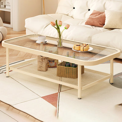 Modern Minimalist Rectangular Glass Metal Coffee Table 2-Tier For Living Room