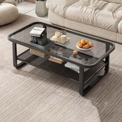 Modern Minimalist Rectangular Glass Metal Coffee Table 2-Tier For Living Room