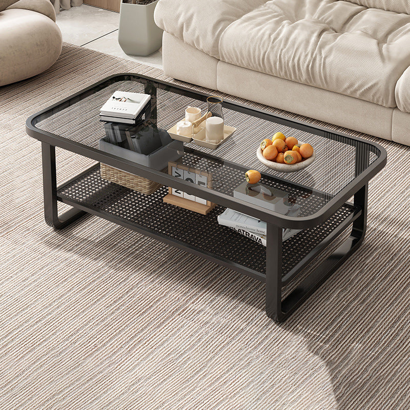 Modern Minimalist Rectangular Glass Metal Coffee Table 2-Tier For Living Room
