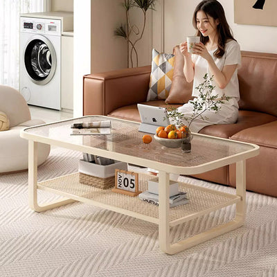 Modern Minimalist Rectangular Glass Metal Coffee Table 2-Tier For Living Room