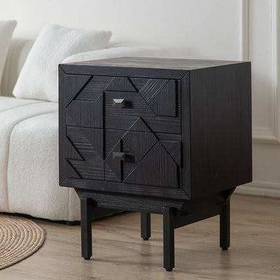 Modern Art Deco Square Fir Wood MDF Iron Nightstand 2-Drawer For Bedroom
