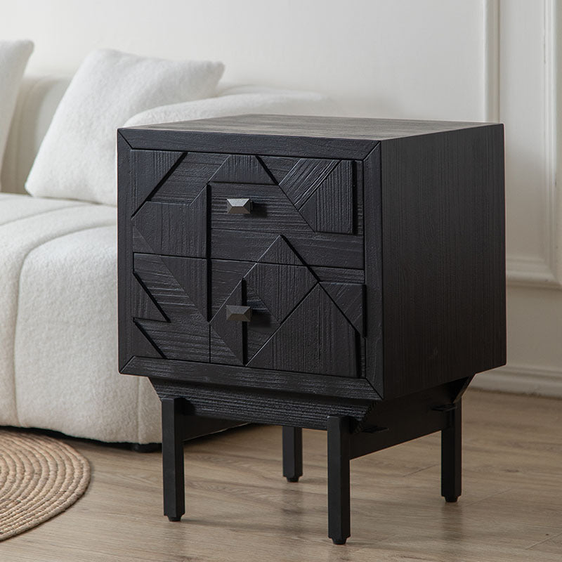 Modern Art Deco Square Fir Wood MDF Iron Nightstand 2-Drawer For Bedroom