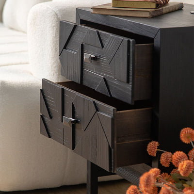 Modern Art Deco Square Fir Wood MDF Iron Nightstand 2-Drawer For Bedroom