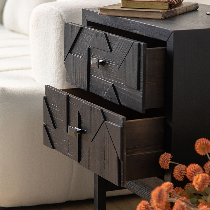 Modern Art Deco Square Fir Wood MDF Iron Nightstand 2-Drawer For Bedroom