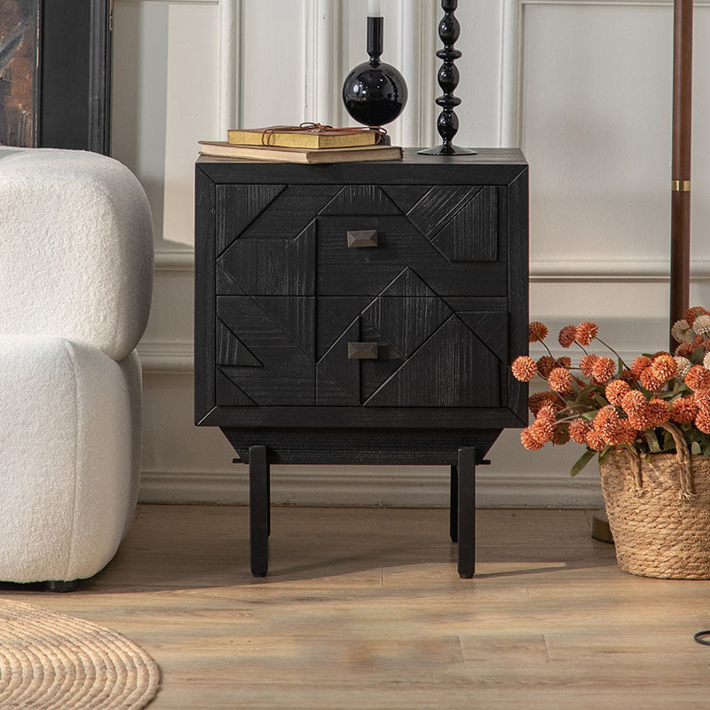 Modern Art Deco Square Fir Wood MDF Iron Nightstand 2-Drawer For Bedroom