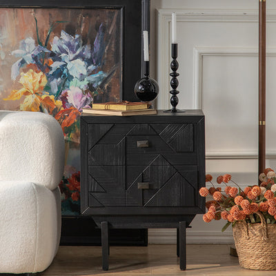 Modern Art Deco Square Fir Wood MDF Iron Nightstand 2-Drawer For Bedroom