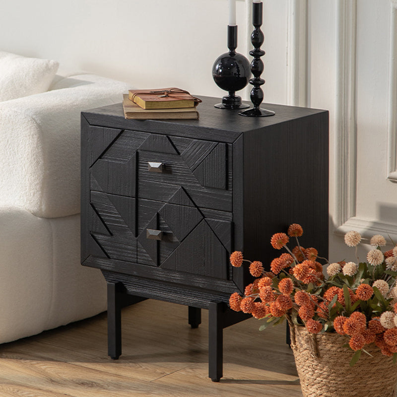 Modern Art Deco Square Fir Wood MDF Iron Nightstand 2-Drawer For Bedroom