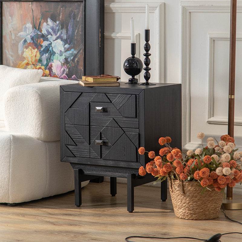 Modern Art Deco Square Fir Wood MDF Iron Nightstand 2-Drawer For Bedroom