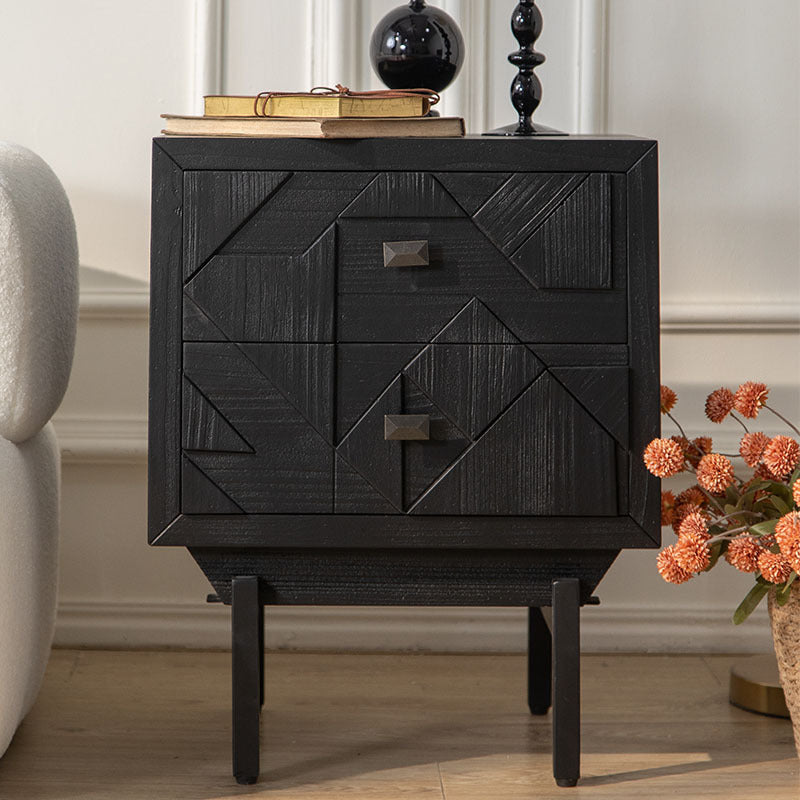Modern Art Deco Square Fir Wood MDF Iron Nightstand 2-Drawer For Bedroom
