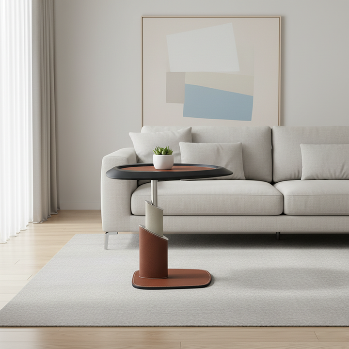 Table d’appoint 1 niveau en cuir de selle, acier au carbone et acier inoxydable, Art déco moderne, triangulaire irrégulière, pour salon 