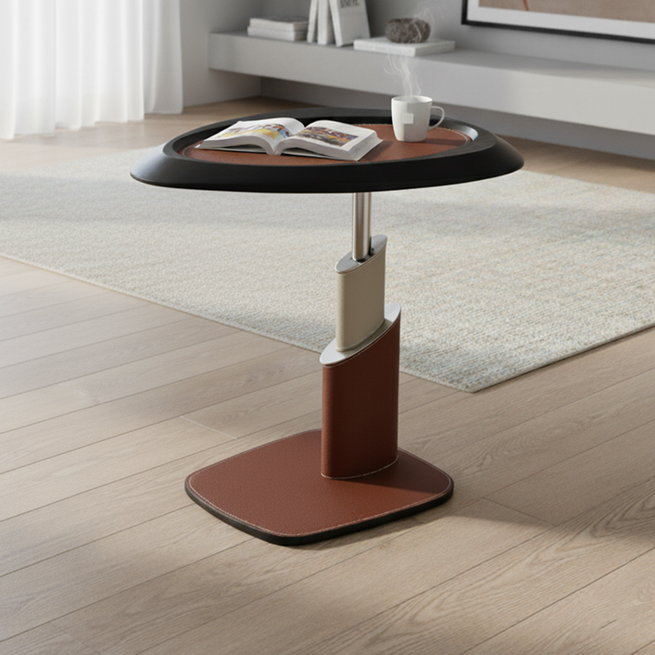 Table d’appoint 1 niveau en cuir de selle, acier au carbone et acier inoxydable, Art déco moderne, triangulaire irrégulière, pour salon 