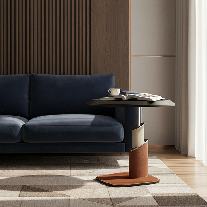 Table d’appoint 1 niveau en cuir de selle, acier au carbone et acier inoxydable, Art déco moderne, triangulaire irrégulière, pour salon 
