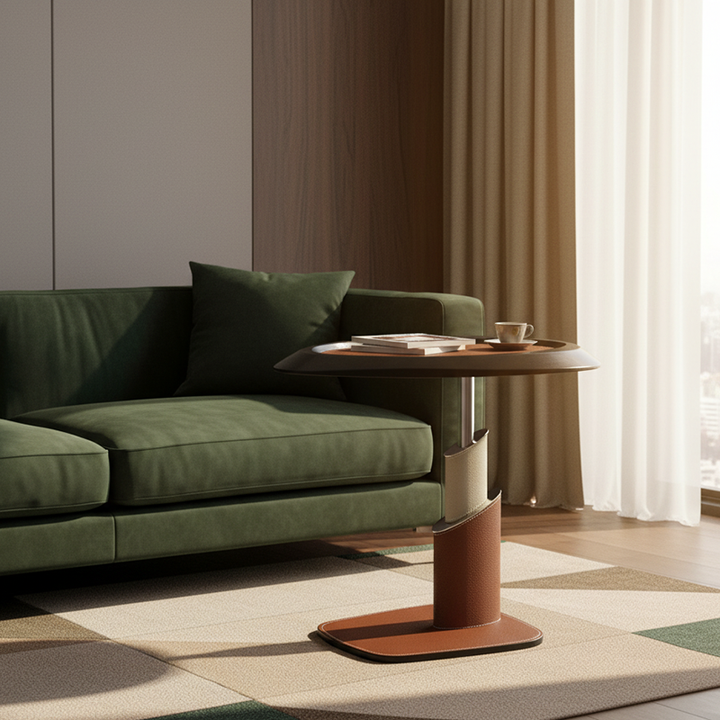 Table d’appoint 1 niveau en cuir de selle, acier au carbone et acier inoxydable, Art déco moderne, triangulaire irrégulière, pour salon 