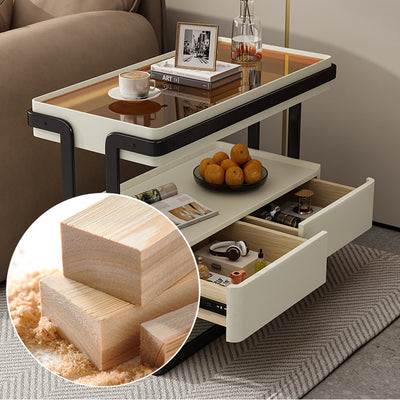 Modern Minimalist Rectangular Glass Carbon Steel Side Table 2-Drawer For Living Room