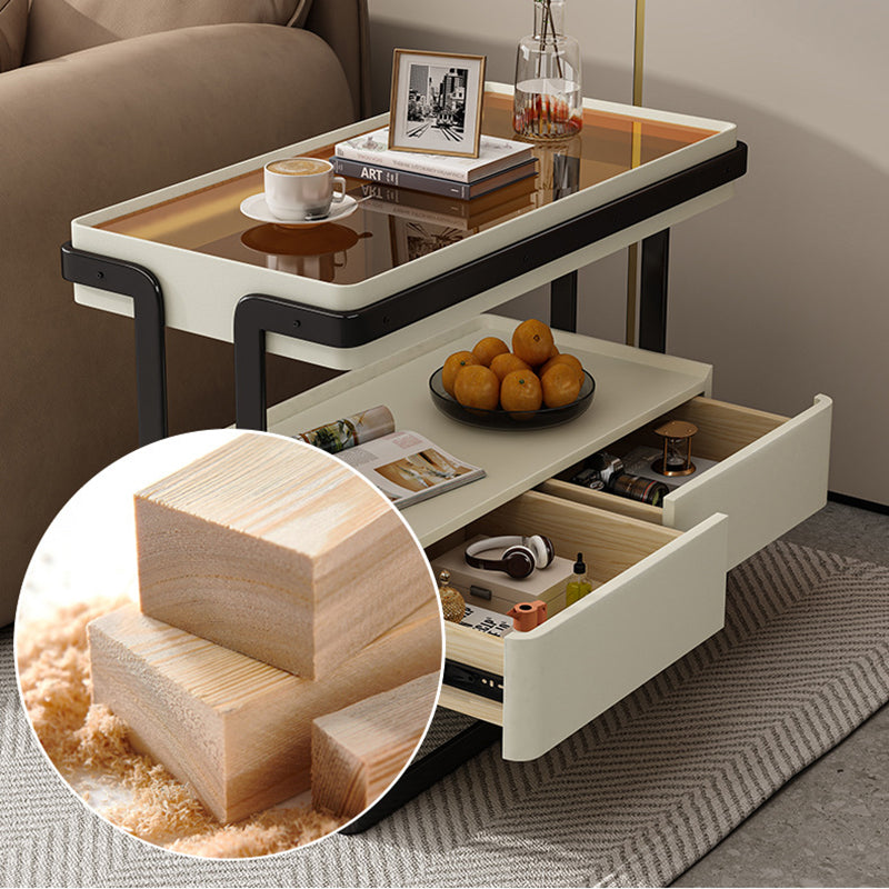 Modern Minimalist Rectangular Glass Carbon Steel Side Table 2-Drawer For Living Room