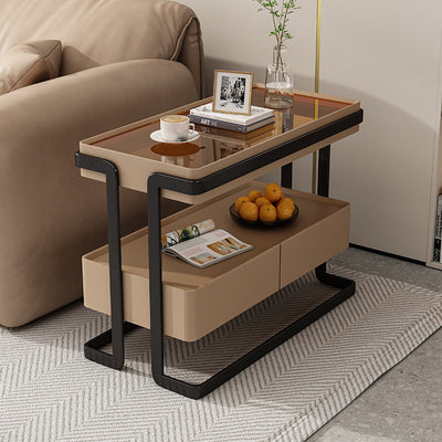 Modern Minimalist Rectangular Glass Carbon Steel Side Table 2-Drawer For Living Room