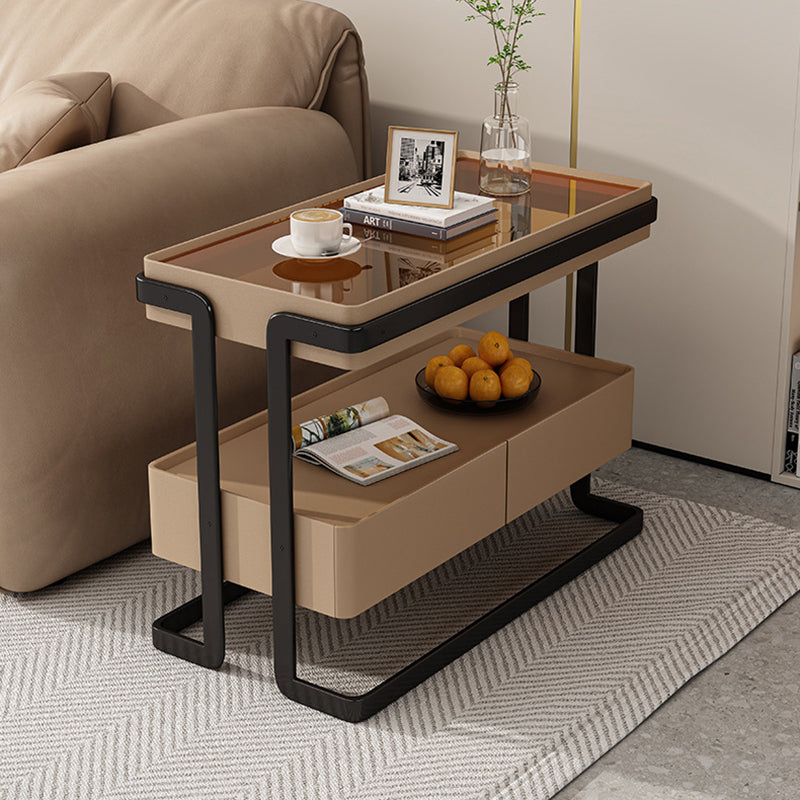 Modern Minimalist Rectangular Glass Carbon Steel Side Table 2-Drawer For Living Room