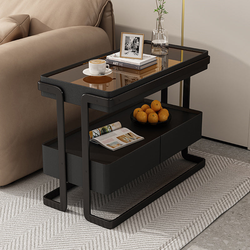 Modern Minimalist Rectangular Glass Carbon Steel Side Table 2-Drawer For Living Room