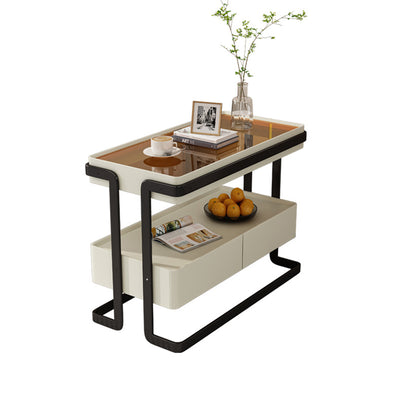 Modern Minimalist Rectangular Glass Carbon Steel Side Table 2-Drawer For Living Room
