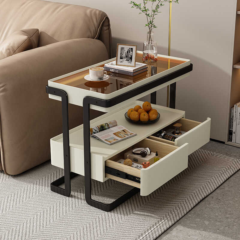 Modern Minimalist Rectangular Glass Carbon Steel Side Table 2-Drawer For Living Room